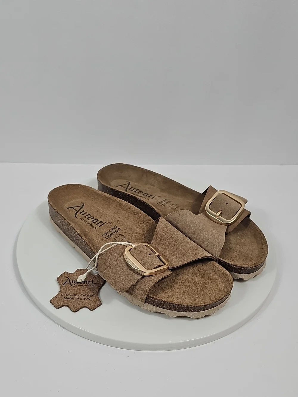 NWT Autenti Spain Leather Cork Footbed Buckle Slide Sandals Taupe 6.5 Vacation